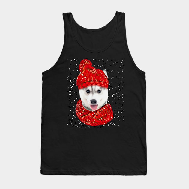 Husky Wearing Red Hat And Scarf In Snow Christmas Tank Top by Vintage White Rose Bouquets